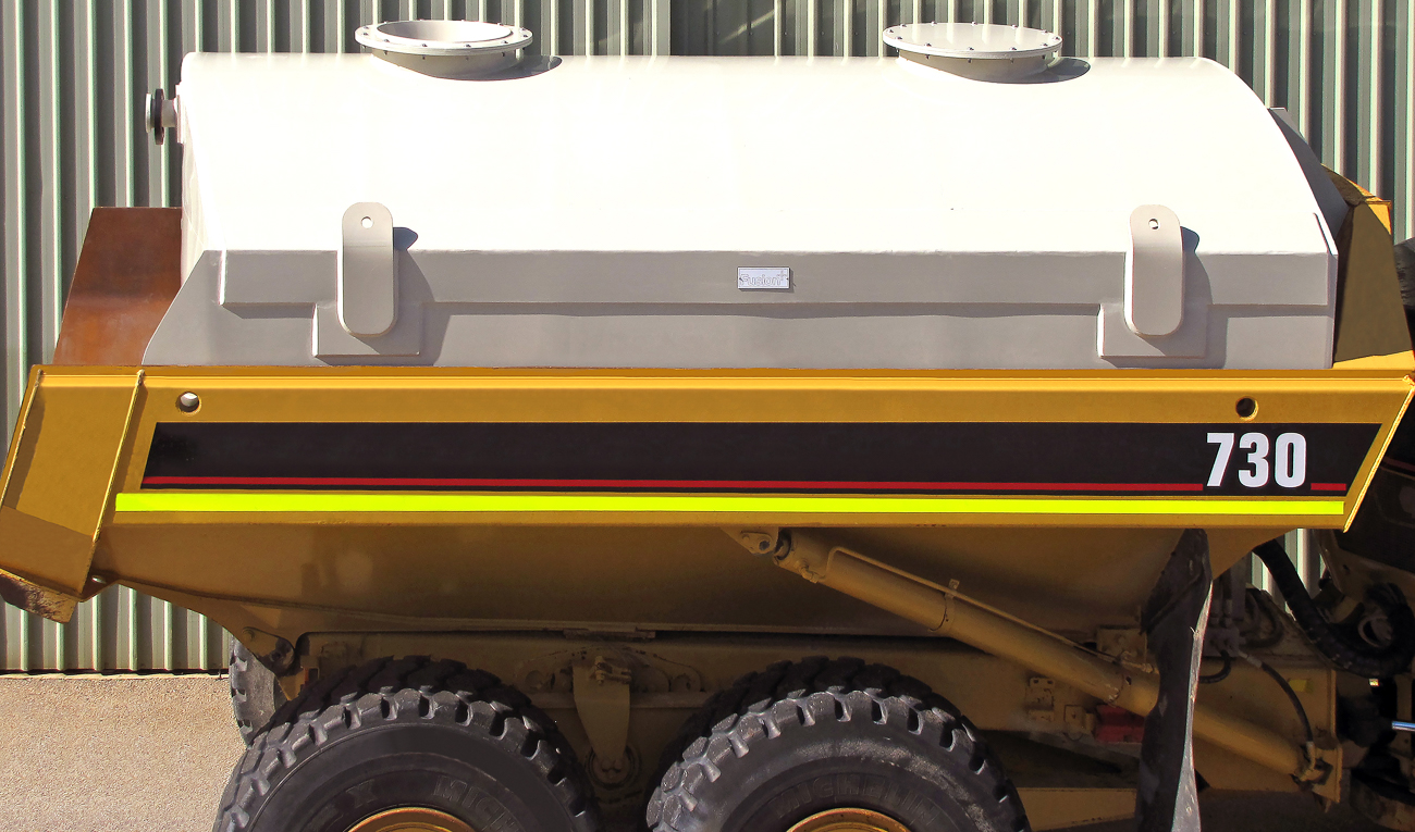 Side photo of the custom retrofitted polypropylene truck tank completed and ready to leave our Bibra Lake workshop.