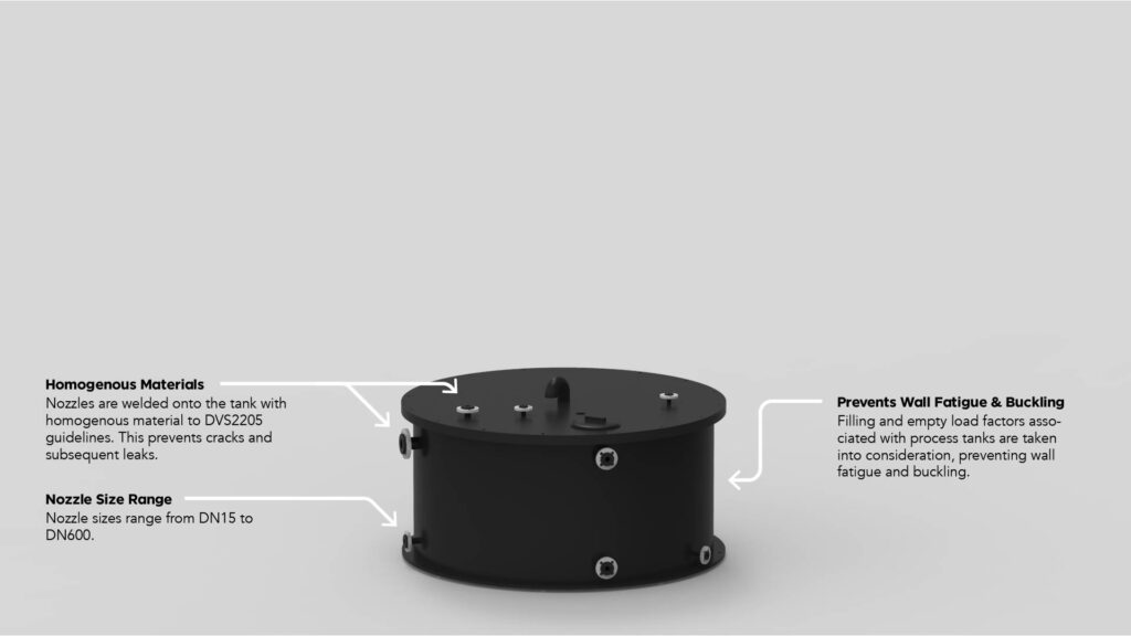 A picture of a plastic fabricated tank with fittings and accessories