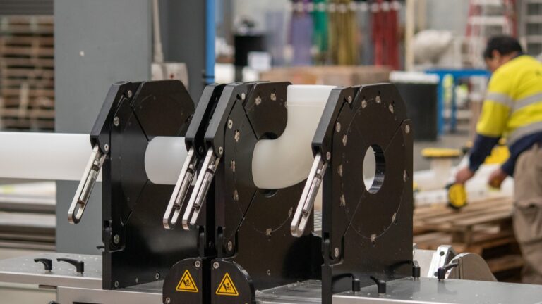 PVDF Elbow and Pipe mounted in an Agru IR Welding Machine