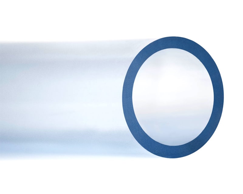 Product photo of the end of a clear UPVC Schedule 40 pipe length on a white background