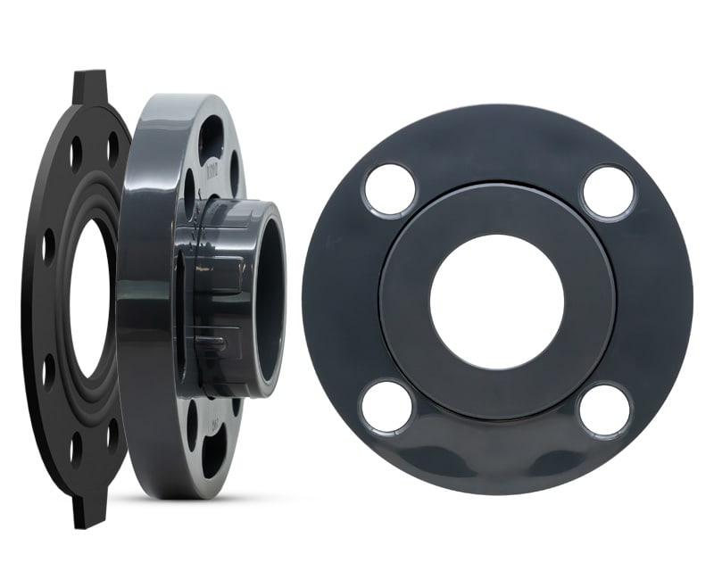 product photo of a UPVC Van Stone Flange with flat face and included ribbed gasket on a white background