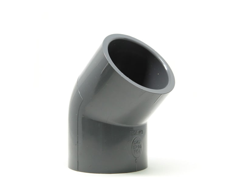 Product photo of a 45° Schedule 80 Elbow in UPVC with socket ends on a white background