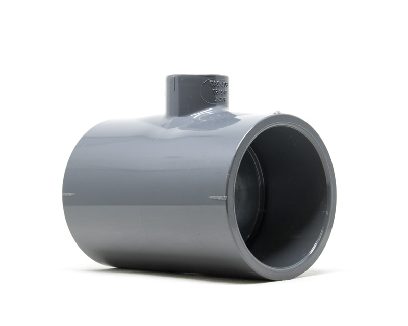 Product photo of a schedule 80 reducing tee in UPVC with socket ends on a white background