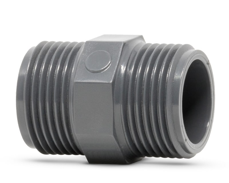 Product photo of a UPVC Adaptor M-BSP both ends on a white background