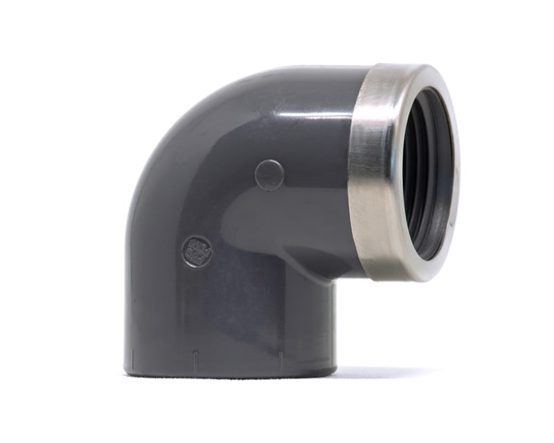 Product photo of a UPVC British Standard 90° Elbow with socket x reinforced female BSP threaded end on a white background