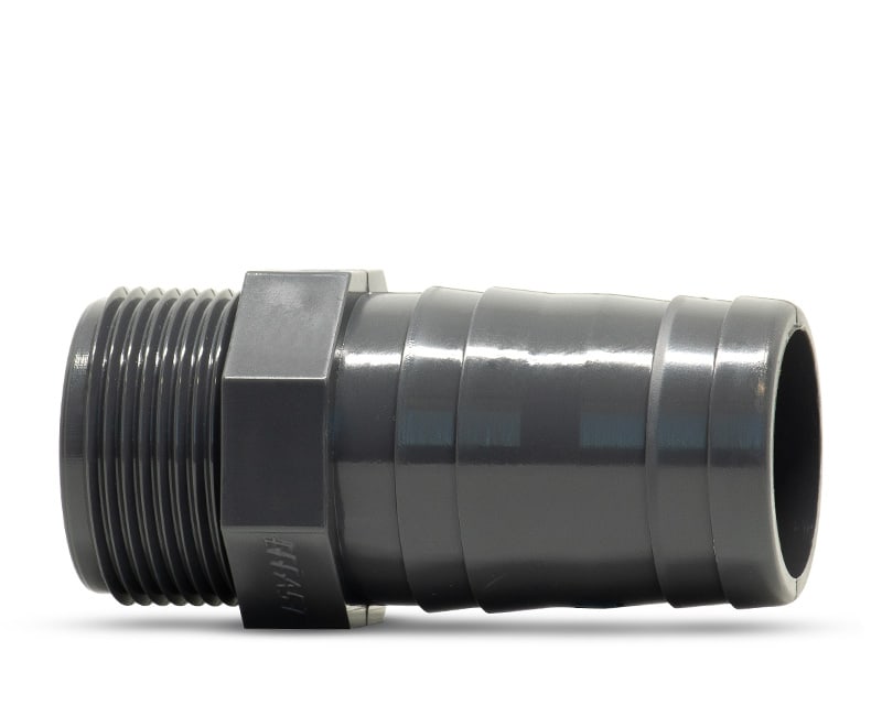 Product photo of a UPVC British Standard Hose Connector with M-BSPP x Hose ends on a white background