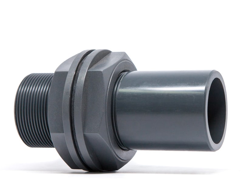 Product photo of a UPVC British Standard Tank Adaptor with a spigot x M-BSP end on a white background