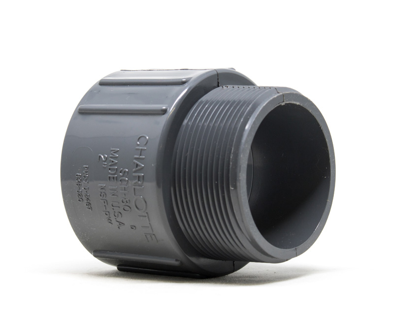 Product photo of a UPVC Schedule 80 Threaded Adaptor with a Socket x Male NPT threaded end on a white background