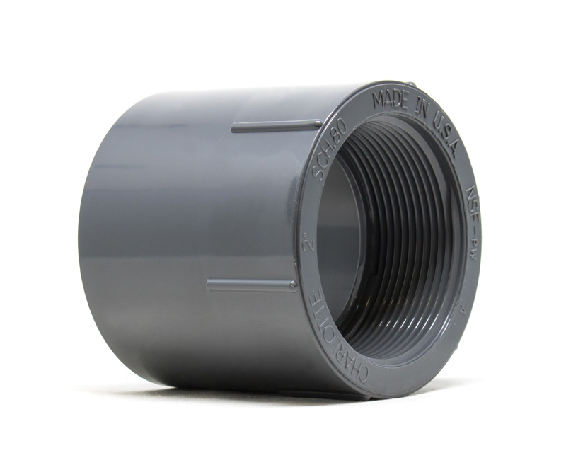 Product photo of a UPVC Threaded Adaptor with socket x female NPT threaded ends on a white background