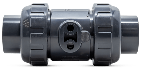 Bottom view of an image of an Asahi Type 21 ball valve highlighting the ensat / threaded insert mounting option.